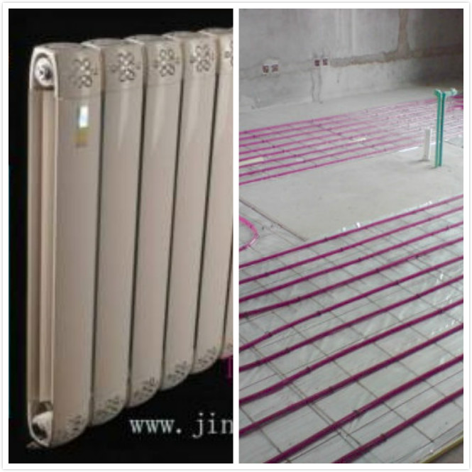 地暖和暖氣片的區(qū)別,左圖為金旗艦暖氣片，右圖為地暖實(shí)地鋪設(shè)。